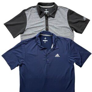 Lot of 2 Adidas Golf Polo Shirts Color Block Gray Black & Solid Blue Mens S